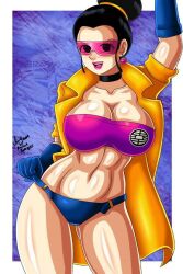 big_breasts breasts chichi choker cosplay crossover dragon_ball dragon_ball_super dragon_ball_z earrings gloves jacket jubilation_lee jubilee jubilee_(cosplay) looking_at_viewer marvel microshorts pink-tinted_eyewear rodriguesdmarc3 shounen_jump shueisha sunglasses tinted_eyewear weekly_shonen_jump x-men