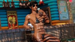 1girls 3d abs beach bikini bikini_bottom bikini_top blender cocktail dark_skin hexencraft muscular muscular_female overwatch pharah summer sunglasses sunlight sweat