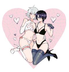 2girls alternate_costume black_bra black_hair black_legwear black_panties blush bra canon_genderswap cleavage dark_purple_hair elbow_gloves female female_only fishnet_thighhighs fishnets full_body garter genderswap_(mtf) ginko_sakata gintama gintoki_sakata gloves green_eyes heart_print high_heels kiryu_(pixiv) lingerie looking_at_viewer nylons one_eye_closed panties pink_eyes purple_hair rule_63 short_hair short_hair_female silver_hair socks takasugi_shinsuke take_your_pick thigh_strap thighhighs very_short_hair white_bra white_gloves white_hair white_legwear white_panties