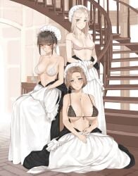 3girls big_breasts blue_eyes blush bra brown_hair female female_only glasses green_eyes indoors large_breasts looking_at_viewer maid medium_breasts necklace original original_character stairs thick throtem voluptuous white_hair