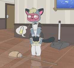 1boy animal_crossing anthro bladder_gauge blush crossdressing crossdressing_male crossed_legs desperation diaper diaper_under_clothing embarrassed furry glasses holding_crotch maid_uniform male omorashi raymond_(animal_crossing) ritzcat shaking shaking_lines sound_effects stockings tears thighhighs wetting wetting_diaper