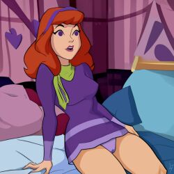 ai_generated bed cameltoe daphne_blake hair_band hair_ornament masterpaintingnow.com mystery_inc on_bed panties pantyshot purple_eyes purple_panties red_hair scarf scooby-doo small_waist upskirt