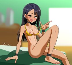 1girls bikini bikini_top black_hair blush bottomless breasts choker female_only flesh_fang hairclip hayase_nagatoro long_hair looking_at_viewer midriff myahogao nipples open_mouth please_don't_bully_me,_nagatoro small_breasts smile solo tan tanline teasing toned undressing wide_hips yellow_eyes