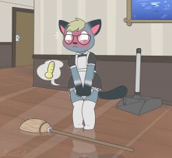 1boy animal_crossing anthro bladder_gauge crossdressing crossdressing_male crossed_legs desperation diaper diaper_under_clothing furry glasses holding_crotch maid_uniform male omorashi raymond_(animal_crossing) ritzcat shaking shaking_lines stockings thighhighs