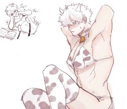 arms_up atarime4542 bikini blush cow_boy cow_horns cow_print cow_print_thighhighs cowbell gintama gintoki_sakata linked_nipples looking_at_viewer male male_only milking milking_machine muscular muscular_male nipple_chain nipple_piercing sketch solo sweatdrop thighhighs white_hair