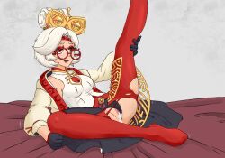 bogar confused cum cum_inside glasses gloves nintendo no_shoes pantyhose purah purah_(tears_of_the_kingdom) red_eyes ripped_clothing simple_background tears_of_the_kingdom the_legend_of_zelda white_hair