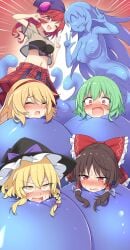 alice_margatroid ball blonde_hair blue_skin blush bondage bound bow braid breasts brown_hair colored_skin crying defeat double_v e.o. green_hair hairband hairbow hakurei_reimu hat hat_bow hecatia_lapislazuli japanese_clothes kazami_yuuka kidnapped kirisame_marisa long_hair looking_at_viewer marisa_kirisame medium_hair midriff miko miniskirt monster_girl navel nipples nude official_alternate_costume open_mouth puffy_short_sleeves puffy_sleeves purple_bow red_bow red_hair reimu_hakurei scared short_hair short_sleeves skirt slime_girl touhou touhou_lost_word v witch_hat yuuka_kazami