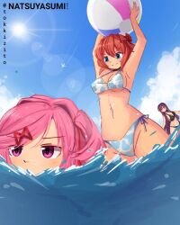 2023 3girls armpits artist_name ball beach_ball beachball bikini bikini_bottom bikini_top black_bikini black_bikini_bottom black_bikini_top blue_eyes blue_sky bow breasts cleavage cloud clouds doki_doki_literature_club female female_only hair_intakes hairbow holding holding_ball holding_beach_ball holding_beachball holding_object in_water long_hair matching_hair/eyes natsuki_(doki_doki_literature_club) navel pink_eyes pink_hair purple_eyes purple_hair red_bow red_hair_bow red_hairbow sayori_(doki_doki_literature_club) short_hair sky strawberry_blonde_hair tokkeresu tokkizito twitter_username wardrobe_malfunction water yuri_(doki_doki_literature_club)