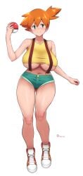 asymmetrical_hair breasts clothing cowboy_shot denim denim_shorts female gen_1_pokemon green_eyes gym_leader holding holding_object holding_poke_ball huge_breasts kasumi_(pokemon) large_breasts legs navel nintendo nipples onomeshin onomesin orange_hair poke_ball pokemon pokemon_(anime) pokemon_(classic_anime) pokemon_(game) pokemon_rgby ponytail shirt shoes short_hair shorts side_ponytail smile sneakers solo suspender_shorts suspenders tank_top thick_thighs thighs tied_hair underboob yellow_shirt yellow_tank_top