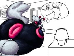 2026 4:3 anatoly_genghis_khan antennae_(anatomy) anthro anus balls bedroom big_anus big_balls big_butt big_tail butt colored digital_drawing_(artwork) digital_media_(artwork) dream dreaming_about_sex electronics eyes_closed fur g-khan genitals huge_anus huge_balls huge_butt hyper hyper_anus hyper_balls hyper_butt hyper_genitalia machine male male/male nude offscreen_character protogen protogen_visor puffy_anus shaded simple_background smile solo tail white_body white_fur