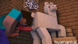2boys 3d animal_genitalia anus cobwebs dripping_precum feral gay holding_penis huainanhai human_on_feral licking_penis llama llama_(minecraft) looking_back masturbating_during_fellatio microsoft minecraft on_knees steve_(minecraft) xbox_game_studios
