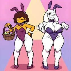 purple_leotard purple_bunnysuit purple_bunny_ears easter_basket simple_background purple_heels white_pantyhose cufflink white_collar cleavage 4_fingers 5_fingers monster_girl human_girl nonbinary female mother_and_daughter ai_generated pixai adopted_(lore) bob_cut brown_hair shoulder_length_hair white_fur yellow_skin big_breasts medium_breasts thick_thighs curvy milf closed_eyes black_eyes horns goat_girl goat_horns goat_ears human multicolored_background slim_waist slim_female chubby_female undertale undertale_(series) clothed