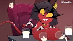 big_breasts breast_sucking cow_bikini cow_print_armwear cow_print_bikini cow_tag cowbell gigantic_breasts helluva_boss imp lactating milking milking_breasts millie_(helluva_boss) mole otakusedits screenshot screenshot_edit vivziepop