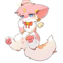 1:1 anus bow_accessory canid canine female feral fox front_view fur genitals halo hi_res humanoid_genitalia humanoid_genitalia_on_feral humanoid_vulva kemono mammal neisawa pawpads paws pink_body pink_fur simple_background smile solo vulva white_background white_body white_fur