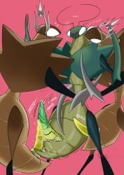 anthro anus arthropod arthropod_abdomen arthropod_abdomen_anus arthropod_abdomen_genitalia arthropod_abdomen_penis bodily_fluids brown_body cogwork_dancer genital_fluids genitals green_body green_prince_(hollow_knight:_silksong) group heart_symbol hi_res hollow_knight:_silksong hollow_knight_(franchise) insect machine male male/male penis robot robot_anthro simple_background tapering_penis team_cherry trio vibrating_penis yzusaur