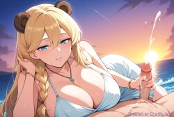 ai_generated frigga_(last_origin) last_origin 1boy 1boy1girl 1girls bracelet breasts cum day dress ejaculation erection female handjob jewelry lips looking_at_viewer male ocean outdoors parted_lips penis pov projectile_cum solo_focus straight veins water