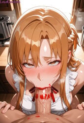 lewdcreationsai ai_generated big_breasts breasts blush blushing blush_lines sexually_suggestive tagme 1girls 1girl light_skin light-skinned_female curvy curvy_figure female thighs thick_thighs thick thick_legs highres high_resolution absurd_res stable_diffusion steam steaming_body steamy_breath sweat sweatdrop sweating sweaty yuuki_asuna sword_art_online kitchen apron apron_only 1boy 1boy1girl red_lipstick kissing_penis lipstick_mark lipstick_on_penis fellatio drooling saliva saliva_trail rolling_eyes