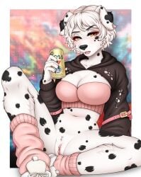 anthro black_claws black_clothing black_eyebrows black_hoodie black_markings black_nose black_topwear blush bottomless breasts can canid canine canis cheek_tuft claws cleavage clitoral_hood clitoris clothed clothing collarbone colored container crop_top cropped_hoodie dalmatian digital_drawing_(artwork) digital_media_(artwork) domestic_dog eyebrows eyelashes facial_tuft female floppy_ears footwear fur genitals hair hi_res holding_can holding_container holding_object hoodie legwear looking_at_viewer mammal markings navel open_mouth pink_clothing pink_crop_top pink_footwear pink_legwear pink_shirt pink_shoes pink_topwear shaded shirt shoes short_hair sitting small_waist snout solo spots spotted_body spotted_fur spread_legs spreading sugarrrpeach teeth topwear torn_clothing torn_hoodie torn_topwear tuft vulva white_body white_fur white_hair yellow_eyes