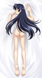 ass back barefoot bed bed_sheet blue_eyes censored dakimakura feet female finger_to_mouth glasses highres kazemal kneepits legs long_hair looking_back lying mosaic_censoring nogami_aoi nude on_stomach soles solo very_long_hair young zettai_karen_children