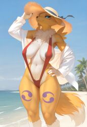 ai_generated bandai_namco digimon canid canine digimon_(species) mammal renamon absurd_res hi_res anthro areola areola_slip beach big_breasts bikini black_areola black_fingernails black_sclera blue_eyes breasts camel_toe clothed clothing countershading curvy_figure detailed_background dipstick_tail dress_shirt female fingernails fingers fur glistening glistening_eyes hand_on_hat hand_on_hip headgear headwear markings multicolored_body nails navel neck_tuft nipple_outline nipples outside palm_tree plant red_bikini seaside shirt sky sling_bikini smile solo standing sun_hat swimwear tail tail_markings thick_thighs tomoe_(symbol) topwear tree tuft water white_body white_countershading white_fur wide_hips wind yellow_body yellow_fur