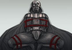 1male bondage boots cape darth_vader fully_clothed helmet looking_at_viewer male male_only mask rope_bondage sole_male spread_legs star_wars