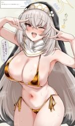 machismo_fuji blue_archive sakurako_(blue_archive) fan_request highres translation_request 1girls :d ;d areola_slip arms_up bikini breasts cowboy_shot crossed_bangs embarrassed flying_sweatdrops gold_bikini grey_hair groin hair_between_eyes halo huge_breasts long_hair looking_at_viewer navel nervous_sweating nun_headdress odaibako one_eye_closed open_mouth red_eyes request_inset side-tie_bikini_bottom simple_background smile solo speech_bubble sweat swimsuit teeth thought_bubble trinity_general_school_logo upper_teeth_only very_long_hair yellow_halo