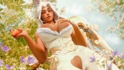 1girl 3d 3d_(artwork) 3d_render big_breasts blender breast_grab breasts_out bunny_business_domina bunny_ears bunnysuit carrot cutout dark-skinned_female dark_skin domina flowers hole_in_pants korra_amari mechanical_arm nipples overwatch overwatch_2 pussy pussy_cutout spring white_dress