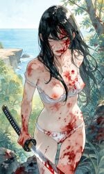 original original_character ai_generated black_hair grey_eyes gray_eyes blood_on_face covered_in_blood white_bra bra torn_bra torn_panties panties underwear katana glaring angry strap_slip nipples nip_slip