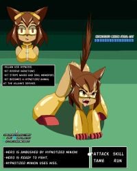 all_fours armor armored_boots armored_gloves attacking brown_fur catgirl english_text feline female female_only game_ui gameoverse hypnosis idpet intelligence_loss kit_(gameoverse) nudity raised_tail simple_background stripped_naked subscribestar_url text url