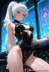1girl ai_generated bangs bare_shoulders black_leotard blue_eyes blush breasts cameltoe closed_mouth covered_navel cup drinking_glass earrings female female_only highleg holding indoors jewelry kermixx leotard lingerie long_hair looking_at_viewer medium_breasts ponytail rwby scar scar_across_eye scar_on_face shiny shiny_skin sitting solo stool thighs tiara weiss_schnee wet white_hair