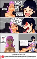aiko_hajime_shin bare_breasts bare_shoulders bottomless brainwashing brown_eyes comic female how_i_became_my_masters_slave hypnosis hypnotico large_ass large_breasts large_hips male mind_control nipples pink_hair saimin_(hypnotico) sharp_teeth speech_bubble story text topless