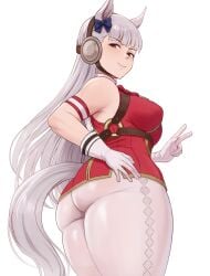 brikot umamusume gold_ship_(red_strife)_(umamusume) gold_ship_(umamusume) absurdres commentary highres 1girl animal_ears armband ass bare_shoulders blunt_bangs blush bow breasts closed_mouth dress ear_bow ear_ribbon gloves grey_hair horse_ears horse_girl horse_tail indoors large_breasts long_hair looking_at_viewer looking_back missing_headwear pantyhose purple_eyes red_bow red_dress sleeveless sleeveless_dress smile solo striped_armband striped_clothes tail v white_background white_gloves white_pantyhose