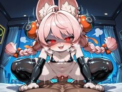 mr.mawile interracial interracial_sex 1girl ai_generated dark-skinned_male muscular_male zenless_zone_zero zhao_(zenless_zone_zero) bunny_ears bunny_girl bunny_tail rabbit rabbit_ears rabbit_girl rabbit_tail rabbit_humanoid anthro anthro_female furry furry_female long_hair pink_hair fur white_fur twin_braids hair_ornament ahoge thick_eyebrows shaded_face glowing_eyes red_eyes dominant_female femdom cowgirl_position pov girl_on_top ear_fluff bikini_top bikini_top_only black_bikini_top latex_clothing latex_thighhighs bridal_gauntlets paws animal_nose :3 buckteeth open_mouth small_breasts wide_hips thick_thighs looking_at_viewer indoors hotel_room vaginal_penetration vaginal_sex vaginal blush 1boy interspecies male_on_anthro size_difference smaller_female spread_legs