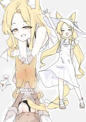 1boy 1girl animal_ear_fluff animal_ears arm_up black_panties blonde_hair blue_archive blush_stickers closed_eyes clothed_sex dokka_no_dareka dress fox_ears fox_girl fox_tail grin hat heart hetero highres long_hair looking_at_viewer multiple_views open_mouth panties seia_(blue_archive) sex sex_from_behind smile solo_focus spoken_heart standing tail torso_grab underwear waving white_dress white_hat