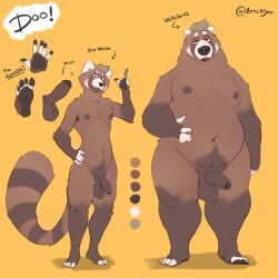 2022 absurd_res ailurid anthro balls bear brown_body brown_fur brown_hair brown_nipples english_text feet foreskin fur fur_markings genitals hair hi_res humanoid_genitalia humanoid_penis looking_at_viewer male mammal markings minedoo minedoo_(character) model_sheet nipples overweight overweight_male penis red_panda simple_background text white_body white_fur yellow_background