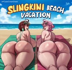 suavicreamdraws dandadan ayase_momo shiratori_aira_(dandadan) 2girls female female_only thick voluptuous curvy wide_hips ass big_ass fat_ass large_ass bubble_butt huge_ass thick_thighs sweat anus anus_peek breasts large_breasts big_breasts huge_breasts looking_at_viewer looking_back lying lying_on_stomach on_stomach pink_hair pink_eyes blush open_mouth brown_hair earrings sunglasses sunglasses_on_head ahoge beach outdoors ocean hi_res highres swimsuit slingshot_swimsuit