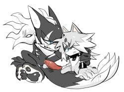 1boy 1cuntboy blue_eyes blush cnggu13 collar hand_on_shoulder infinite_(sonic) infinite_the_jackal knot knotted_penis legs_apart manspreading pawpads paws sonic_(series) sonic_forces sonic_oc sonic_the_hedgehog_(series) sweat
