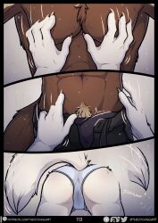 abs anthro belt blush bodily_fluids border bottomwear breast_grab breasts brown_body brown_fur bulge butt camel_toe canid canine canis claws clothed clothing comic coyote denim denim_clothing detailed_bulge dialogue digital_media_(artwork) domestic_cat duo english_text felid feline felis female first_person_view fur genital_fluids genital_outline genitals gulonine hair hand_on_breast hi_res hybrid hyena male male/female mammal muscular mustelid panties pants pierre_(dirtypaws) pubes selene_(dirtypaws) tail text theo_young topless topwear underwear undressing url wet white_body white_fur white_hair zipper