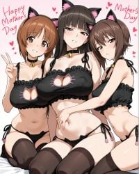 2girls 3girls ai_generated animal_ear_fluff bangs bed_sheet belly_button blunt_bangs blush blushing brown_eyes brown_hair cat_ears cat_lingerie catgirl choker cleavage_cutout collar fake_animal_ears girls_und_panzer hand_on_another's_stomach heart jingle_bell kneeling lingerie long_hair looking_at_viewer mother's_day mother_and_daughter multiple_girls navel neck_bell nishizumi_maho nishizumi_miho nishizumi_shiho notreallyhere parted_lips peace_sign short_hair side-tie_panties simple_background smile smiling text thighhighs