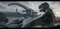 2020 absurd_res ambiguous_gender biped bite blood bodily_fluids cloud day detailed_background digital_media_(artwork) dinosaur falling feral fight forest gore group hi_res long_neck open_mouth outside plant prehistoric_species quadruped reptile river saurischian sauropod sauropodomorph scalie sharp_teeth size_difference standing tail teeth tommy_kinnerup tree water