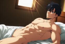 ai_generated ai_assisted ai ai_art ai-created sung_jin_woo solo_leveling gay male male_only male_focus solo_male laying_down laying_on_bed blanket convenient_censoring convenient_censorship