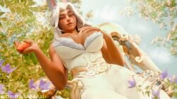 1girl 3d 3d_(artwork) 3d_render big_breasts blender breast_grab bunny_business_domina bunny_ears bunnysuit carrot dark-skinned_female dark_skin domina flowers korra_amari mechanical_arm overwatch overwatch_2 sfw spring white_dress