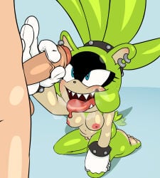 2026 afrosoricid anthro artguyidk blue_eyes blush bodily_fluids breasts clothing countershade_feet countershading drooling duo ear_piercing ear_ring feet female female_on_human fur genitals gloved_handjob gloves green_body green_fur handjob handwear hi_res human human_on_anthro humanoid_feet humanoid_genitalia humanoid_penis idw_publishing interspecies kneeling male male/female male_on_anthro mammal nipples nude penile penis piercing plantigrade ring_piercing saliva sega sex sharp_teeth sonic_(series) sonic_the_hedgehog_(comics) sonic_the_hedgehog_(idw) sonic_the_hedgehog_(series) surge_the_tenrec tail tail_motion tailwag teeth tenrec tongue tongue_out vein veiny_penis vulva