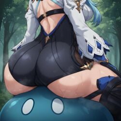 ai_generated ass ass_focus clothing eula_(genshin_impact) genshin_impact hoyoverse huge_ass huge_breasts lower_body outdoors pussy_line sitting sitting_on_person sitting_on_slime slime slime_(genshin_impact) slime_monster smell tight_clothing wet wide_hips