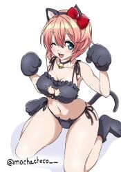 mochachoco doki_doki_literature_club sayori_(doki_doki_literature_club) just_sayori 1female 1girl big_breasts thick_thighs big_ass wide_hips wide_thighs thick_ass coral_pink_hair blue_eyes red_bow cat_ears cat_tail catgirl catgirl_costume hi_res high_resolution simple_background white_background