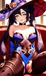 1girls ai_assisted ai_generated black_hair blue_leotard bodystocking breasts choker clitoris clothing_aside covered_navel detached_sleeves earrings eyebrows eyelashes eyeliner eyeshadow female female_pubic_hair genshin_impact green_eyes hat hi_res highleg highleg_leotard hourglass_figure jewelry large_breasts legs_spread leotard leotard_aside lips lipstick long_eyelashes long_hair looking_at_viewer makeup mascara mona_(genshin_impact) narrow_waist open_legs pantyhose parted_lips petite petite_body petite_female pubic_hair purple_hair pussy realistic shiny_skin sitting smile solo spread_legs star_earrings thighlet torn_clothes torn_pantyhose twintails waifufamily wide_hips witch_hat