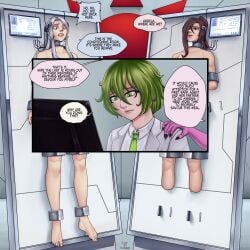 tatatsumak agents_of_dawn rei_kurogane angela_white_(agents_of_dawn) bondage table nude_female english_text dialogue defeated_heroine electrodes white_hair amputee doctor_delphyne glasses