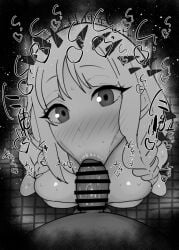 1boy 1girls :>= bare_shoulders big_penis black_and_white blush breasts censored dark-skinned_male dark_skin detailed_background drooling eyelashes fate/grand_order fate/strange_fake fate_(series) fellatio female francesca_prelati_(fate) heart human indoor inside interracial kurotama long_hair looking_at_viewer male male_pov oral oral_sex penis pov pov_eye_contact room saliva shiny shiny_skin sketch sound_effects squatting sweat text tied_hair tongue_out vein veins veiny veiny_penis