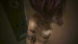 1girls 3d 3d_(artwork) 3dcg bare_shoulders character_request cleavage collarbone cyberpunk_(series) cyberpunk_2077 edited_screencap erect_nipples female female_only femsub filtered game_cg julietta_(artist) large_breasts multiple_tattoos pink-haired_female short-haired_female shoulder_tattoo showering source_request standing tagme tattoos unbothered wet_body wet_female wet_skin