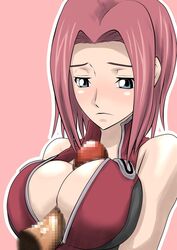 bare_shoulders big_breasts blue_eyes blush breasts censored cleavage code_geass female hajime_makoto hazime_makoto human kallen_stadtfeld large_breasts long_hair male paizuri penis pink_hair straight